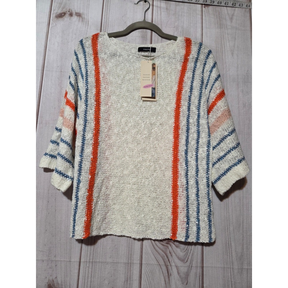 Dokotoo Womens Striped Open Knit Boucle Sweater White Orange Blue Small NWT